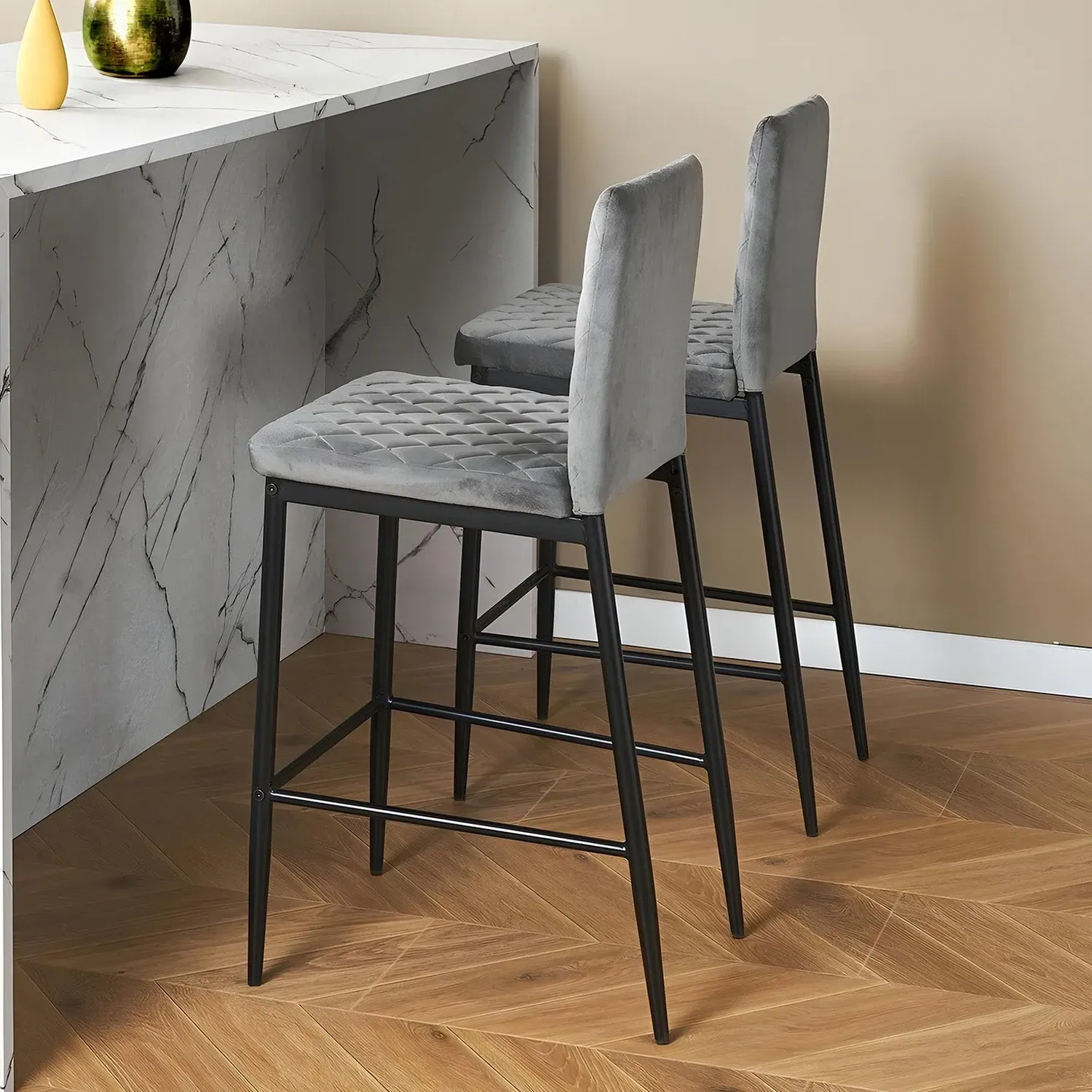 Bar Stool with Quilted Backrest (Set of 2) - Grey, Velvet by Julian Charles, image 2