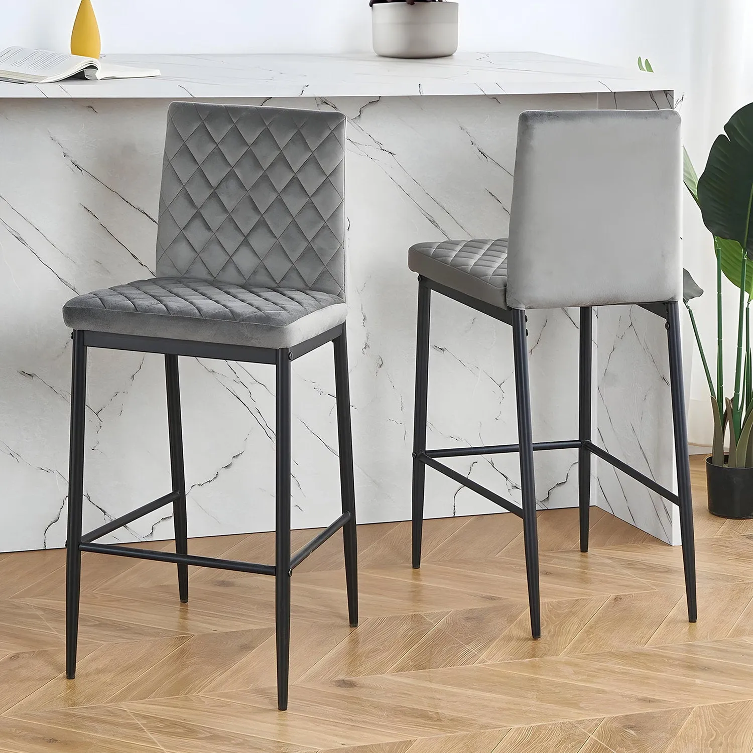 Bar Stool with Quilted Backrest (Set of 2) - Grey, Velvet by Julian Charles