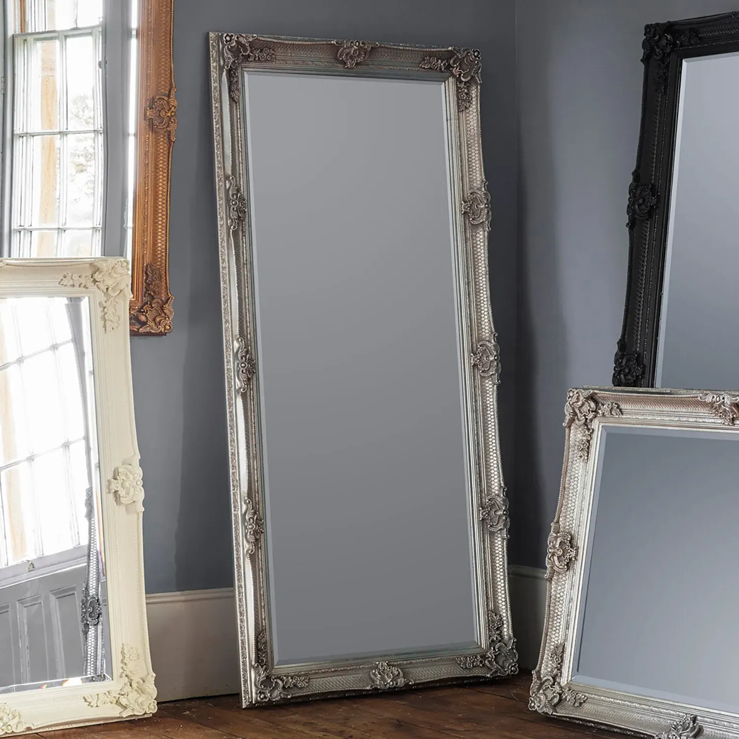 Baroque Leaner Mirror - Antique Silver, Wood image