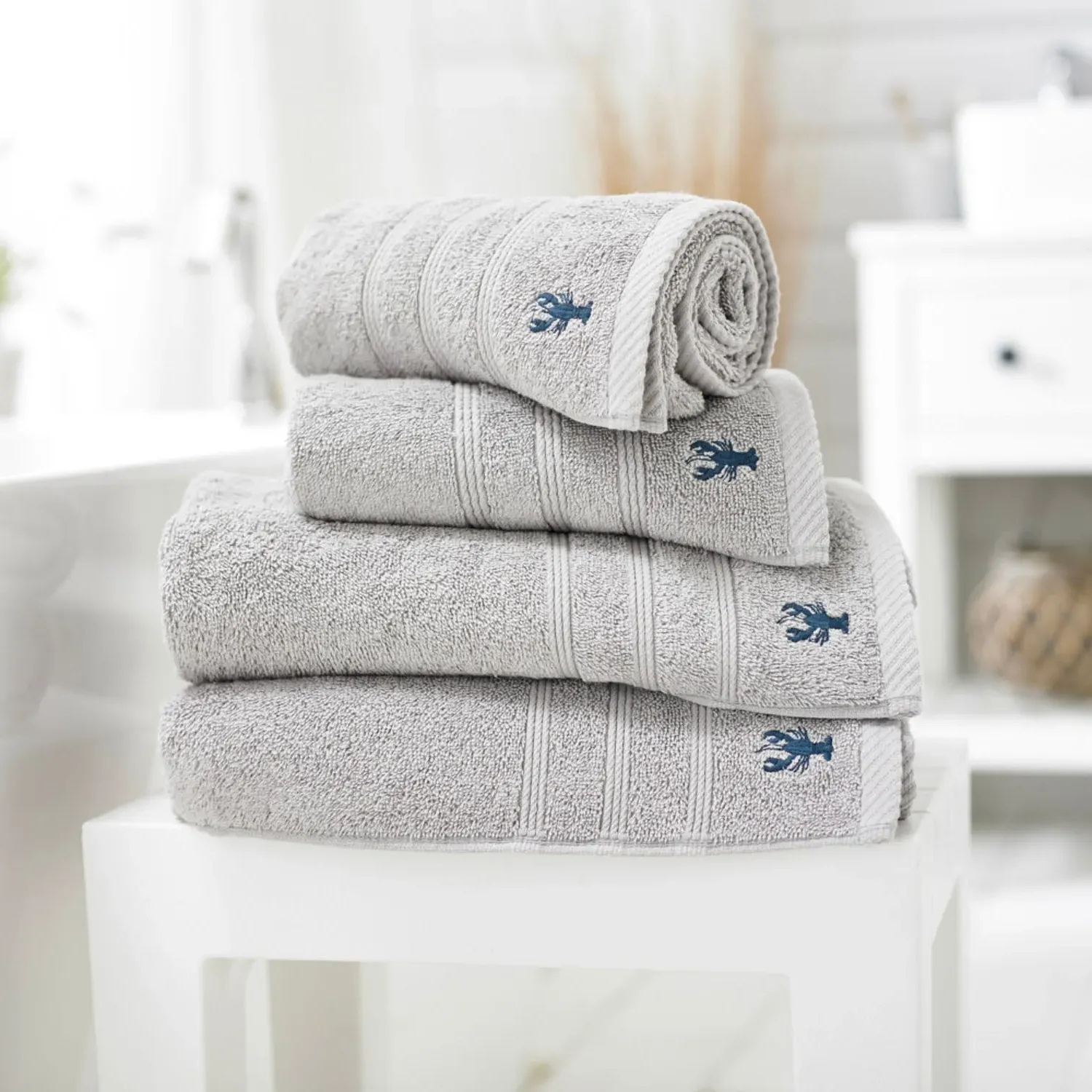 Bath Towel with Embroidered Logo - Grey, Cotton