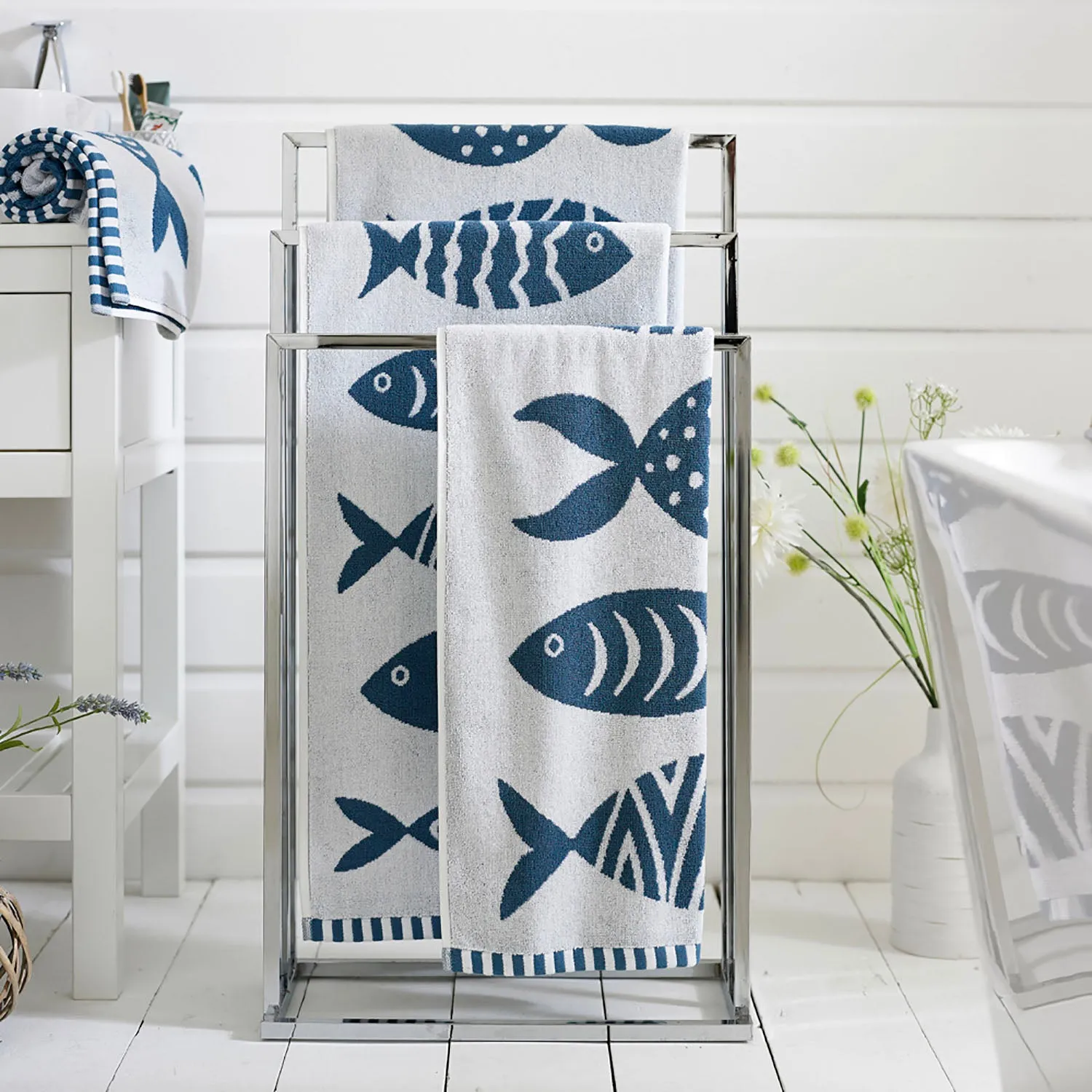 Bath Towel with Fish Design - Blue, Cotton