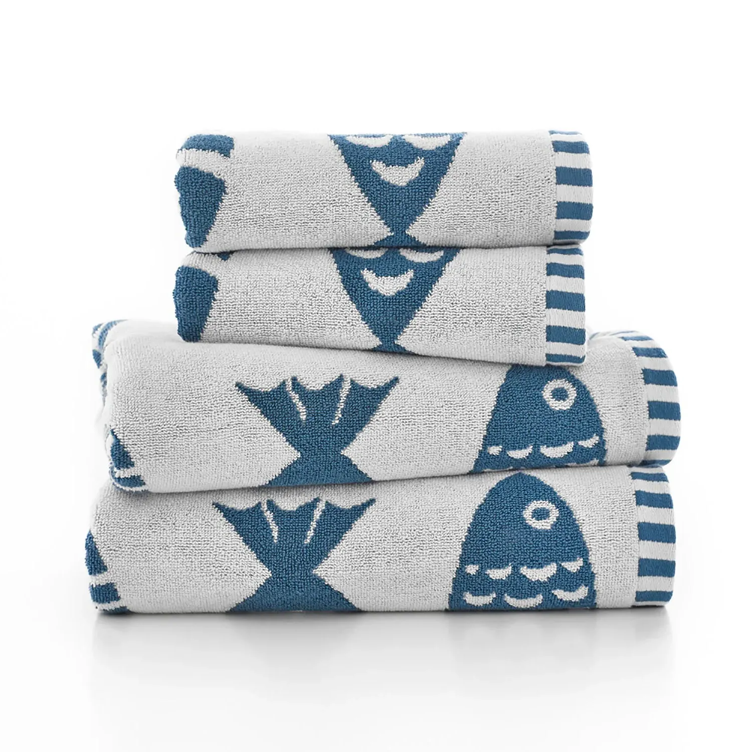 Bath Towel with Fish Design - Blue, Cotton