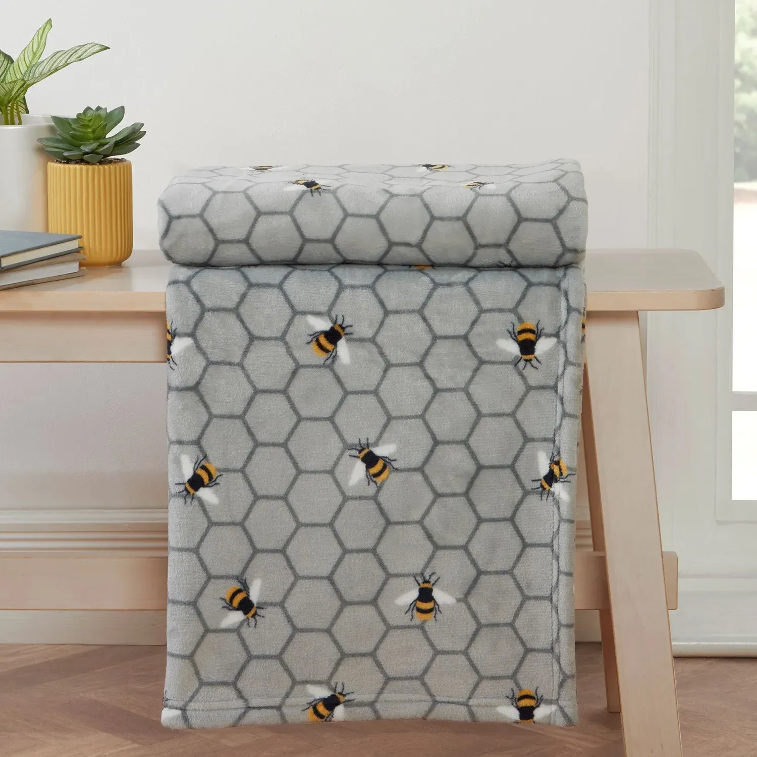 Bee Print Fleece Throw - Silver, Soft Fleece