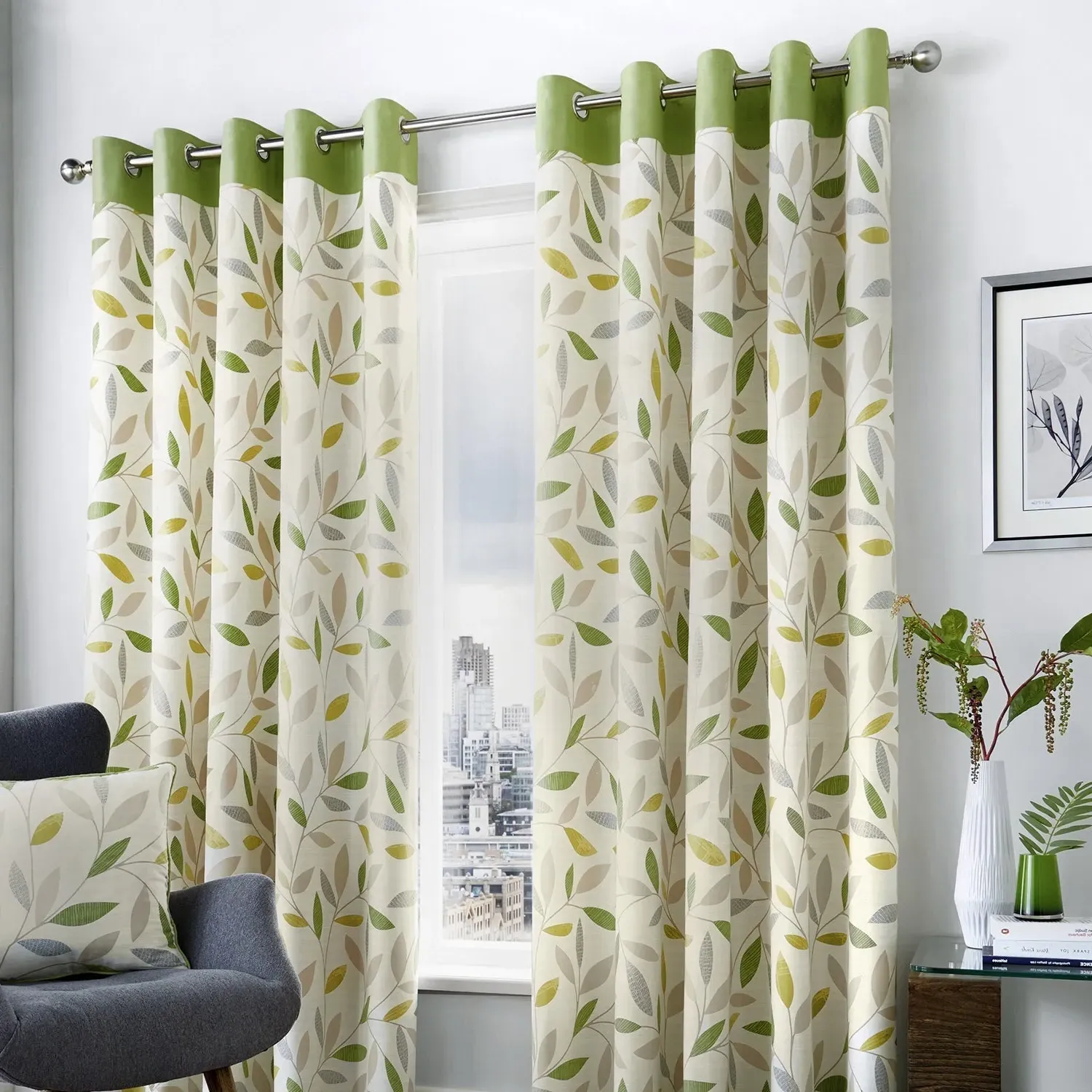 Eyelet Curtains with Leaf Trail - Green, Cotton product