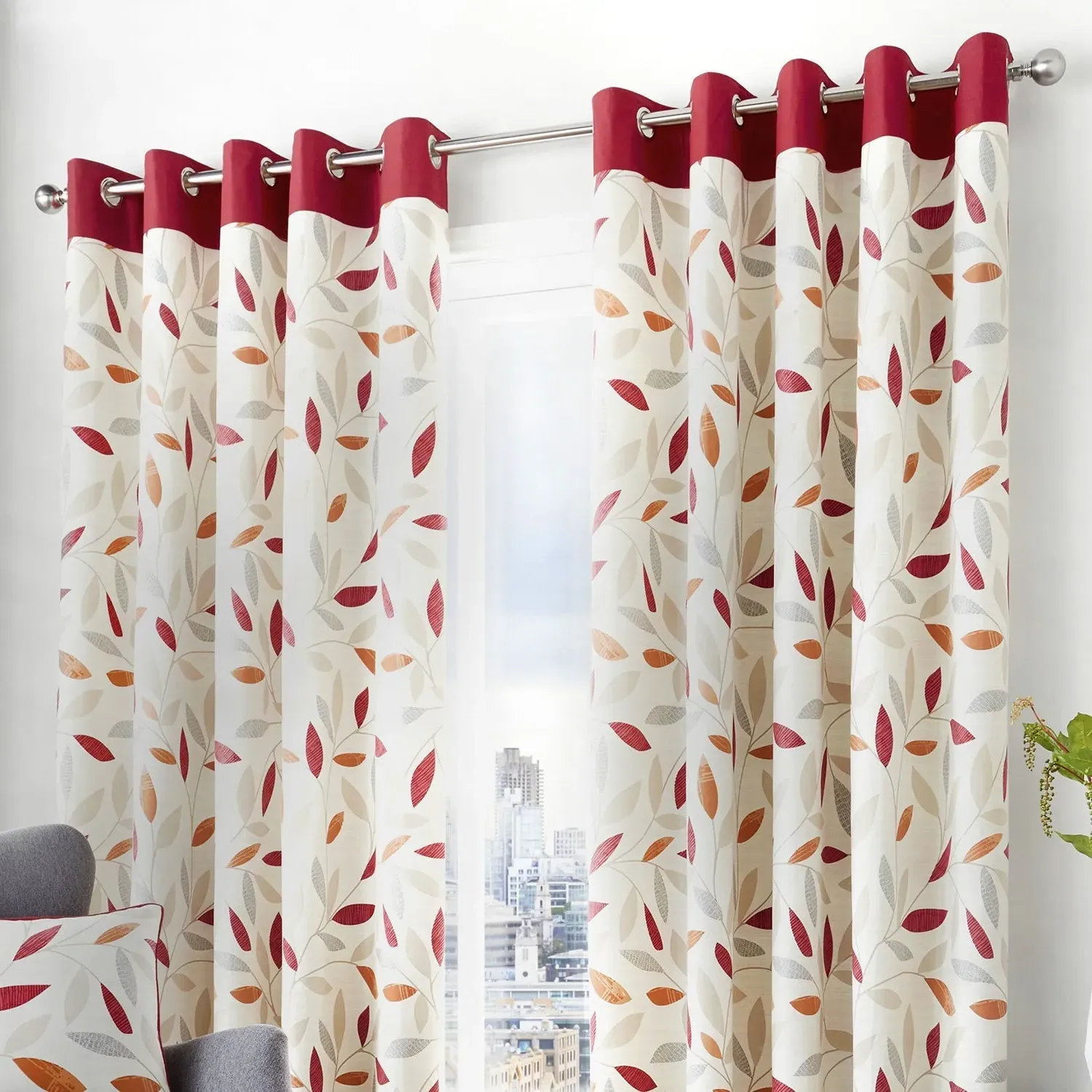 Eyelet Curtains with Leaf Trail - Red, Cotton product