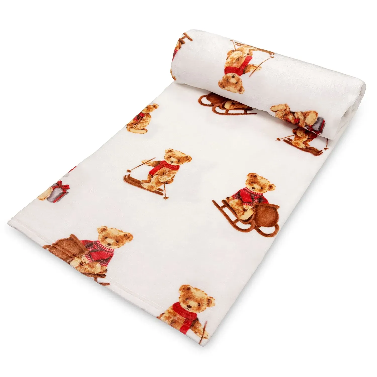 Bertie Bear Christmas Printed Fleece Throw - White by Julian Charles, alternate view