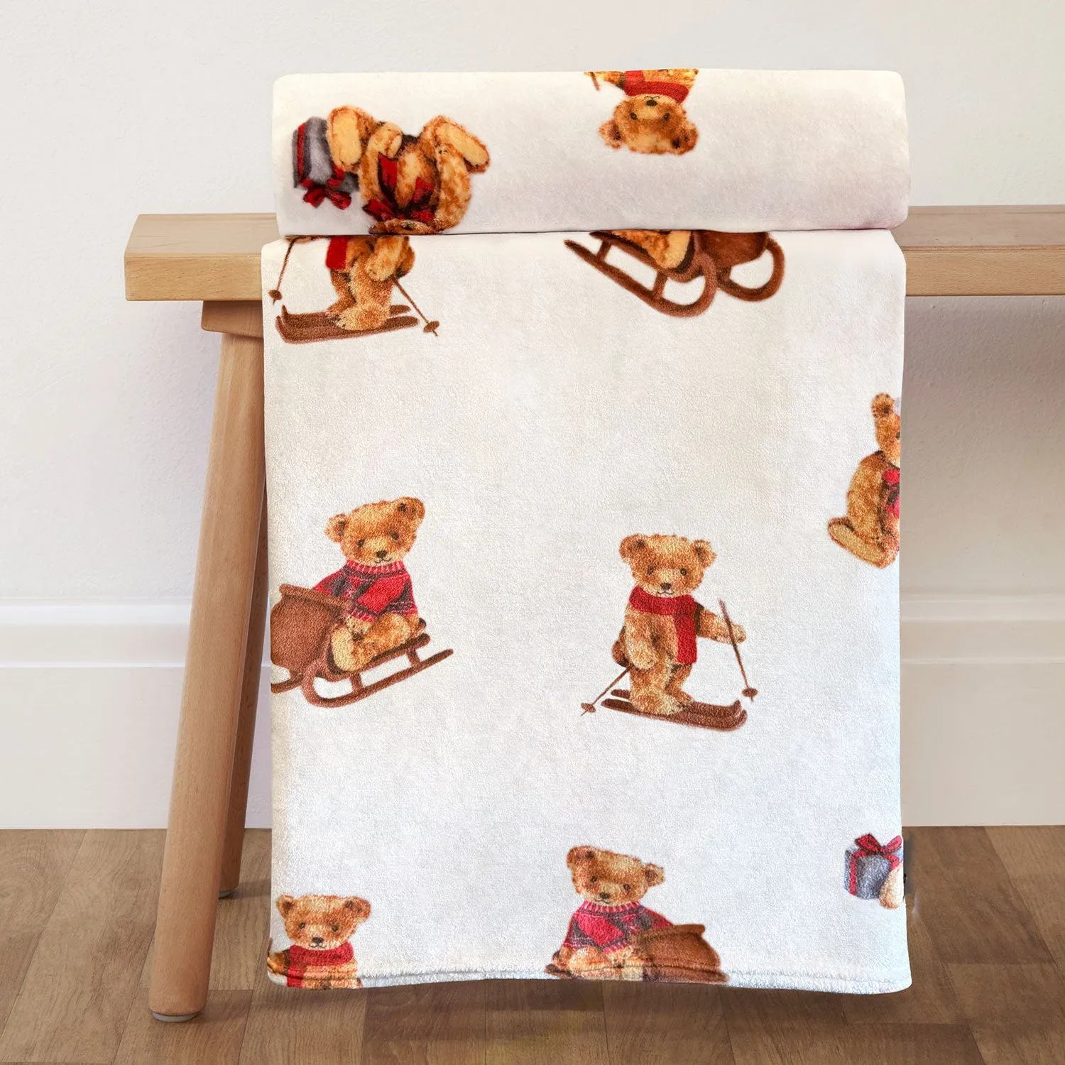 Bertie Bear Christmas Printed Fleece Throw - White by Julian Charles