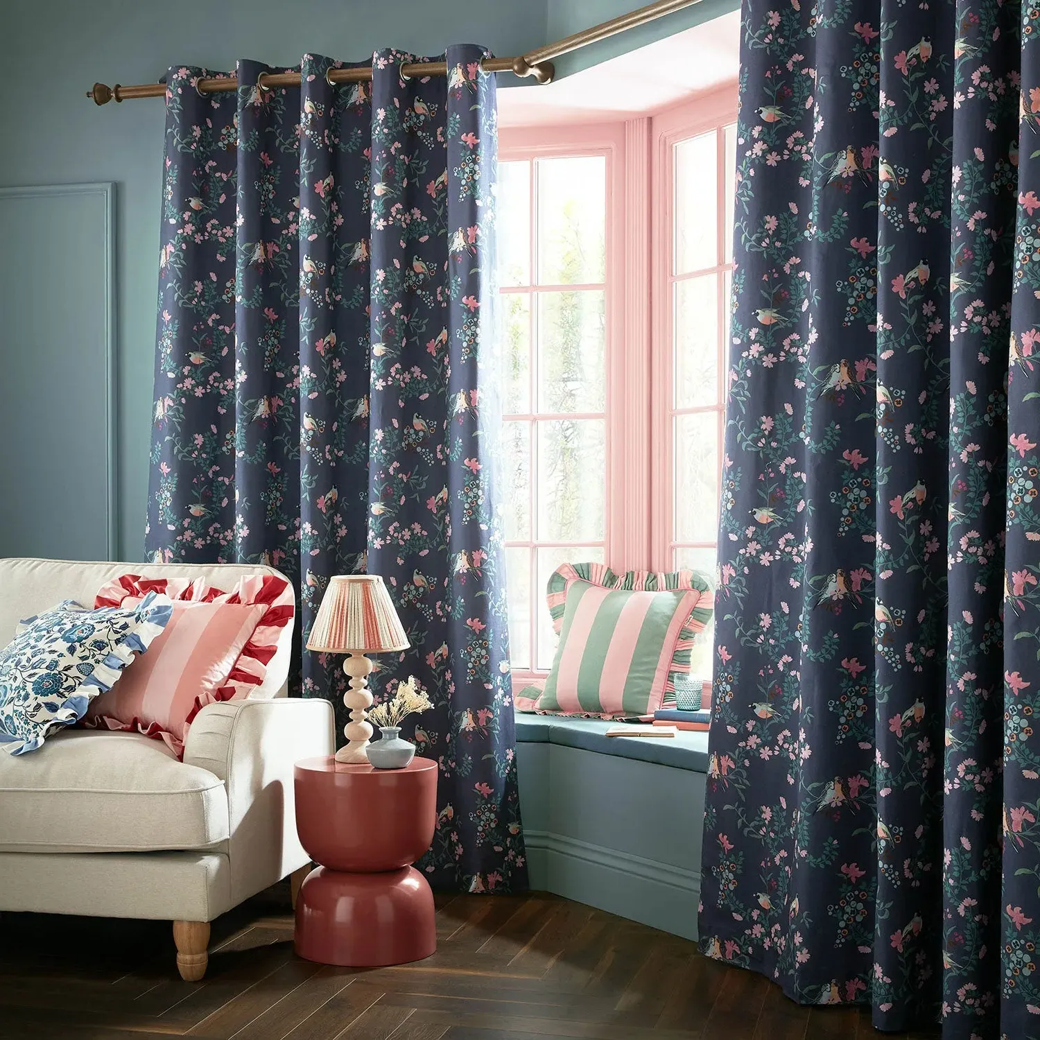 Blackout Eyelet Curtains - Blue, Cotton Linen