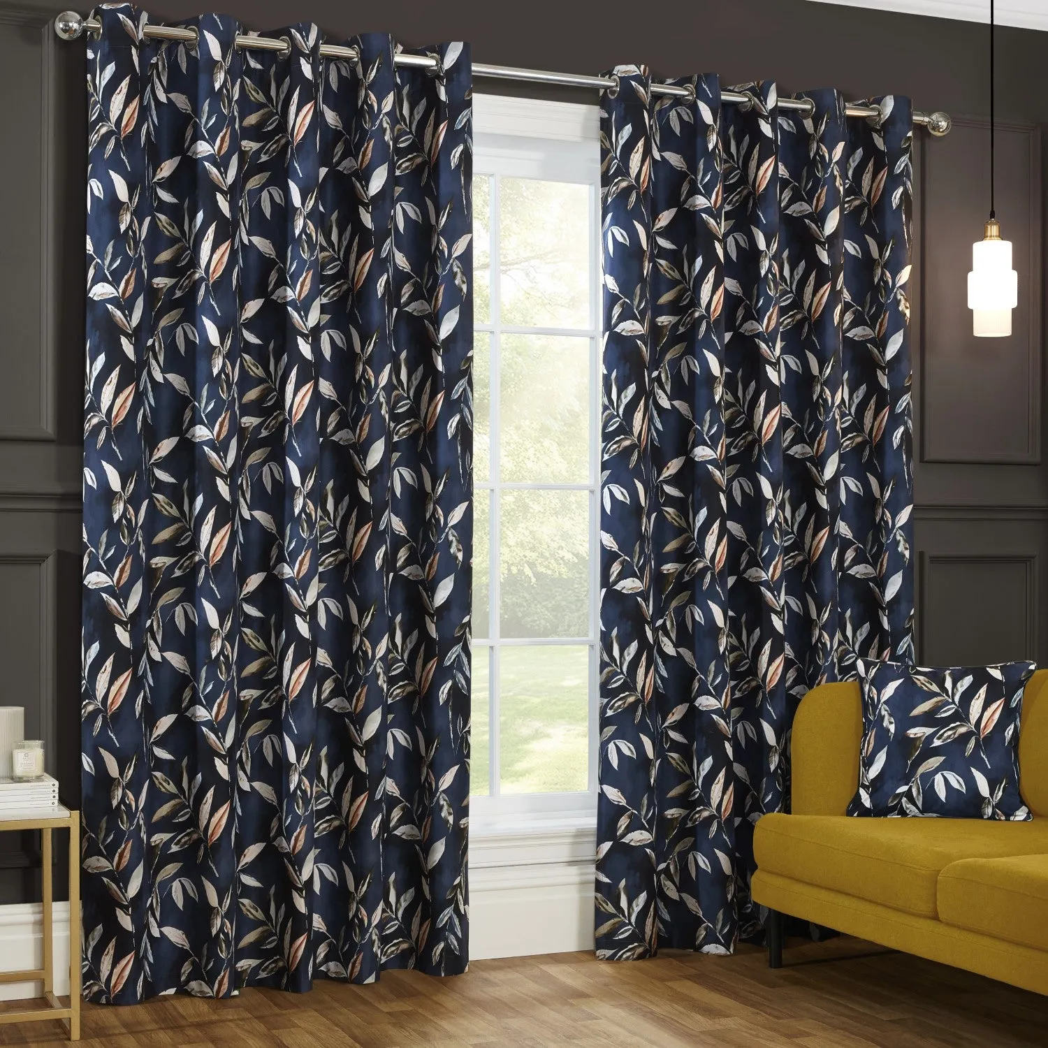 Blackout Eyelet Curtains - Navy, Floral Print