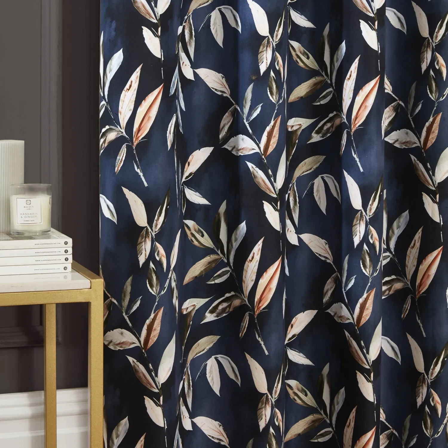 Blackout Eyelet Curtains - Navy, Floral Print