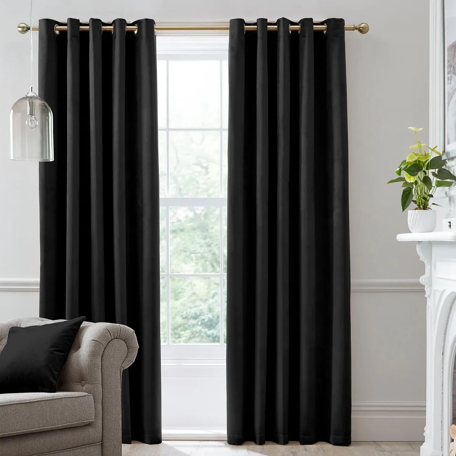 Blackout Eyelet Curtains with Thermal - Black, Velvet
