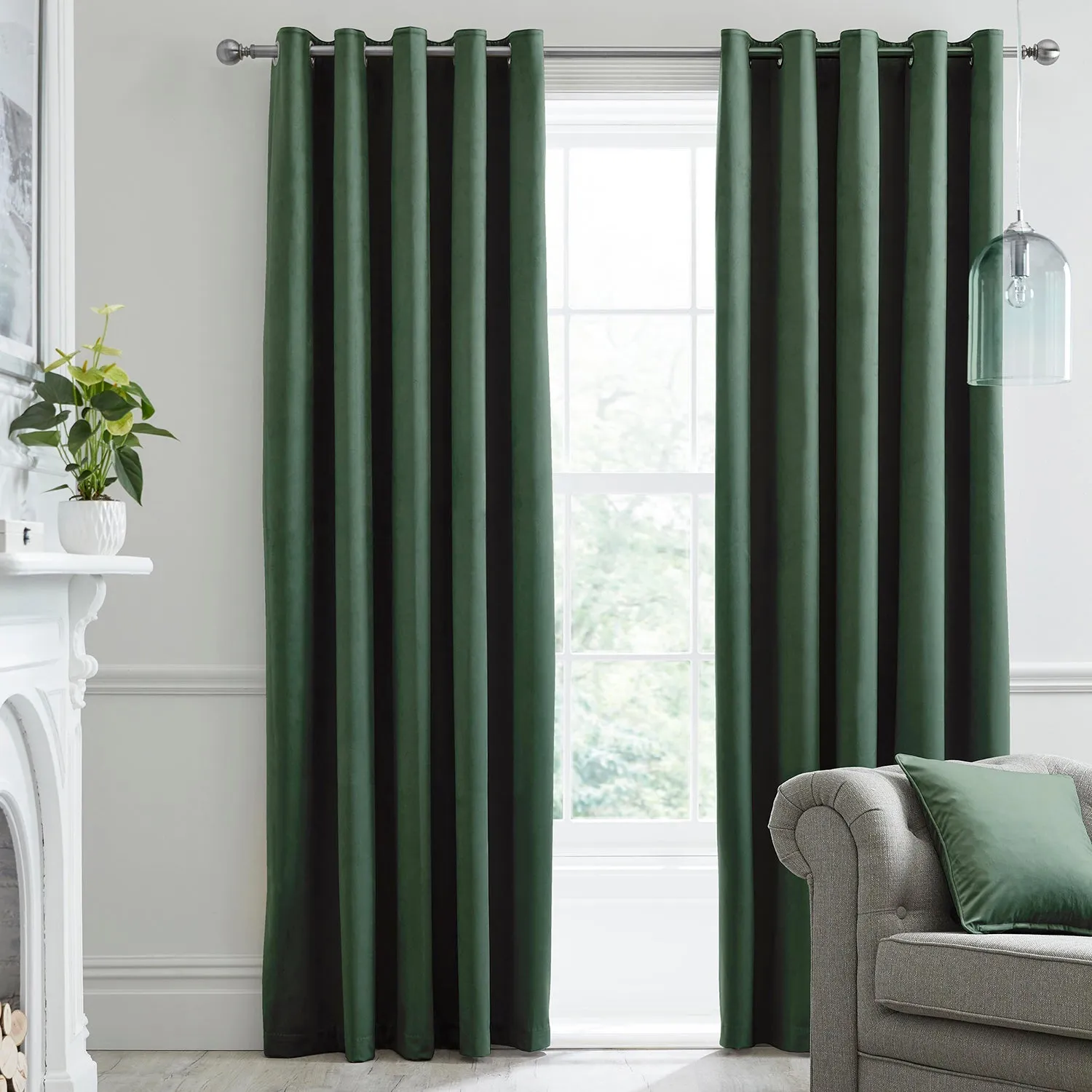 Blackout Eyelet Curtains with Thermal - Green, Velvet