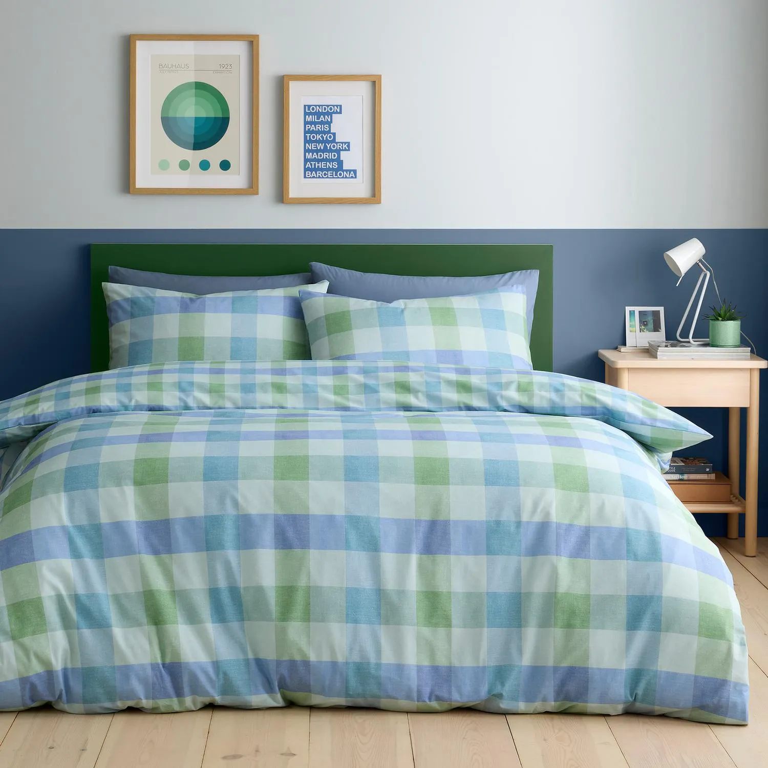 Block Check Single Duvet Set - Blue, Polycotton alternate view