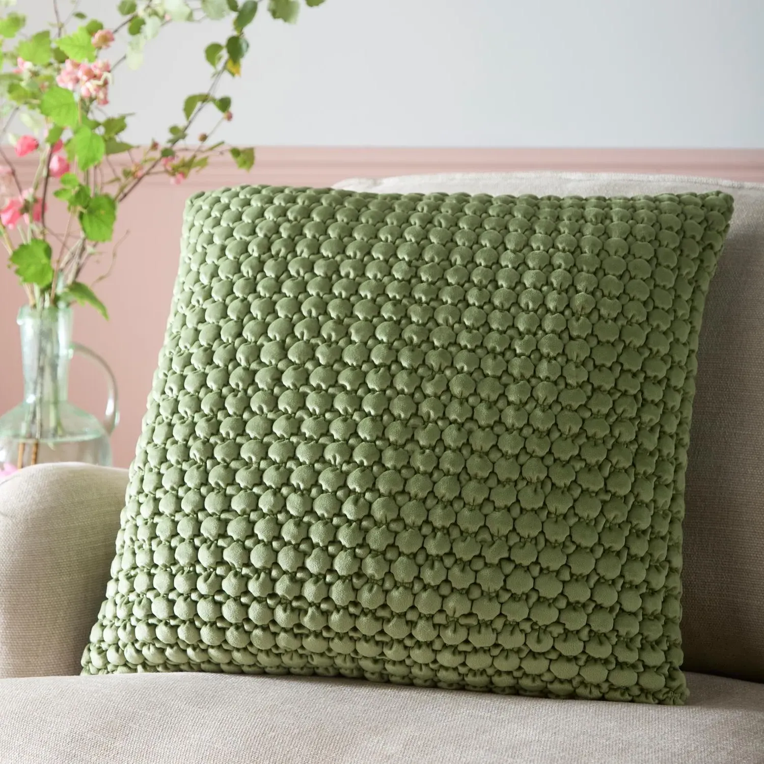 Bobble Large Cushion Quilted - Olive, Velvet product