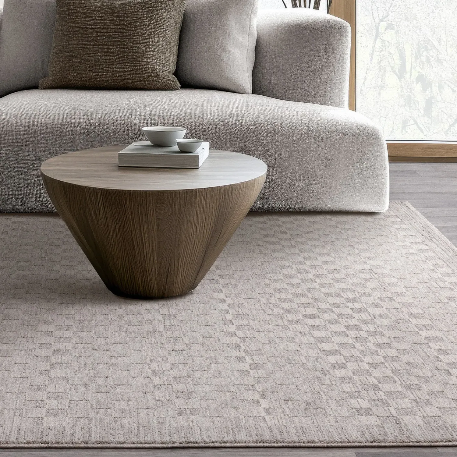 Boho Abstract Area Rug with Fringe - Grey