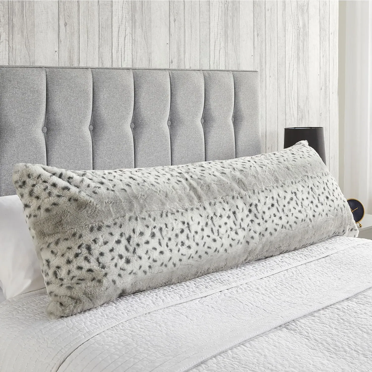 Bolster Cushion with Snow Leopard Print - Grey, Faux Fur