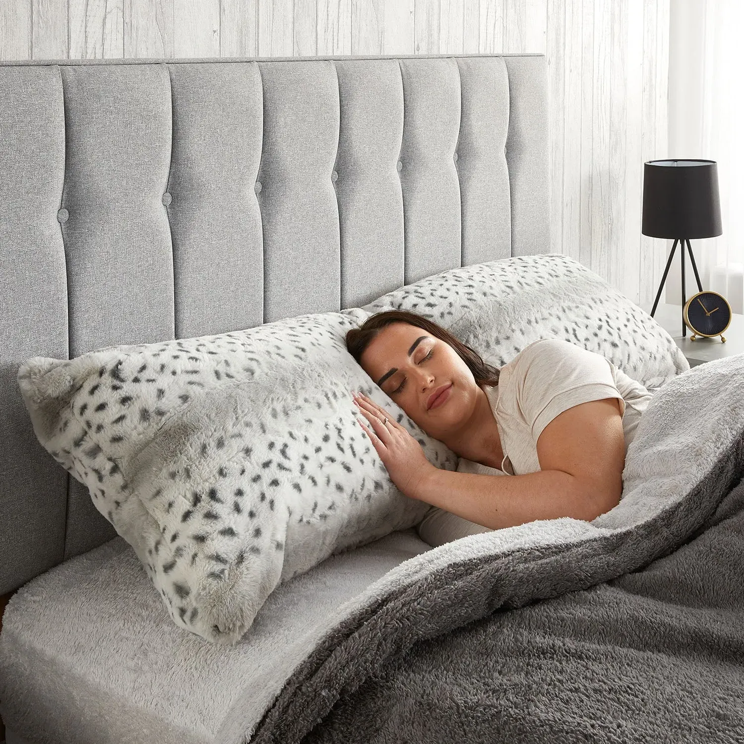 Bolster Cushion with Snow Leopard Print - Grey, Faux Fur