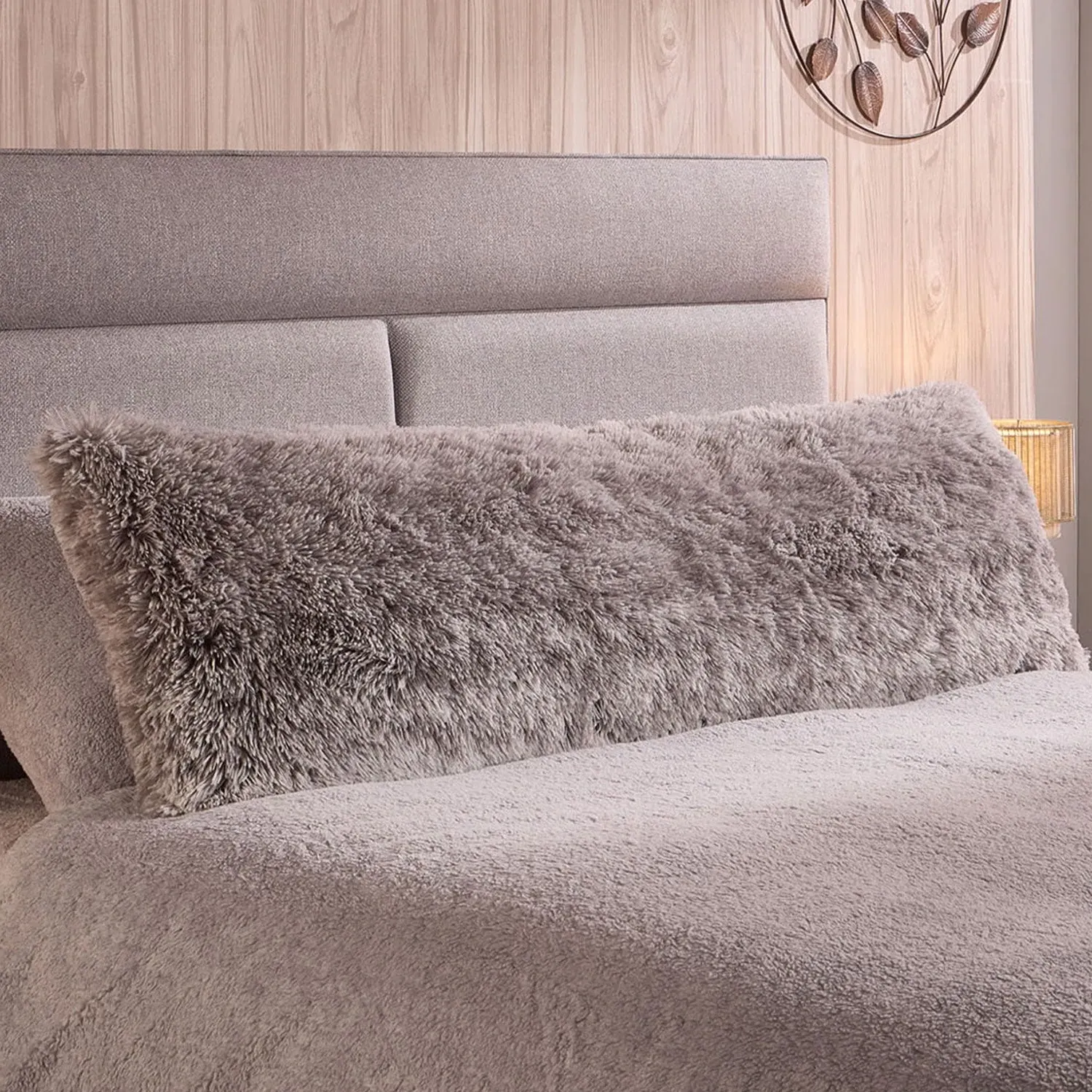 Bolster Pillow with Long Hair - Grey, Fabric