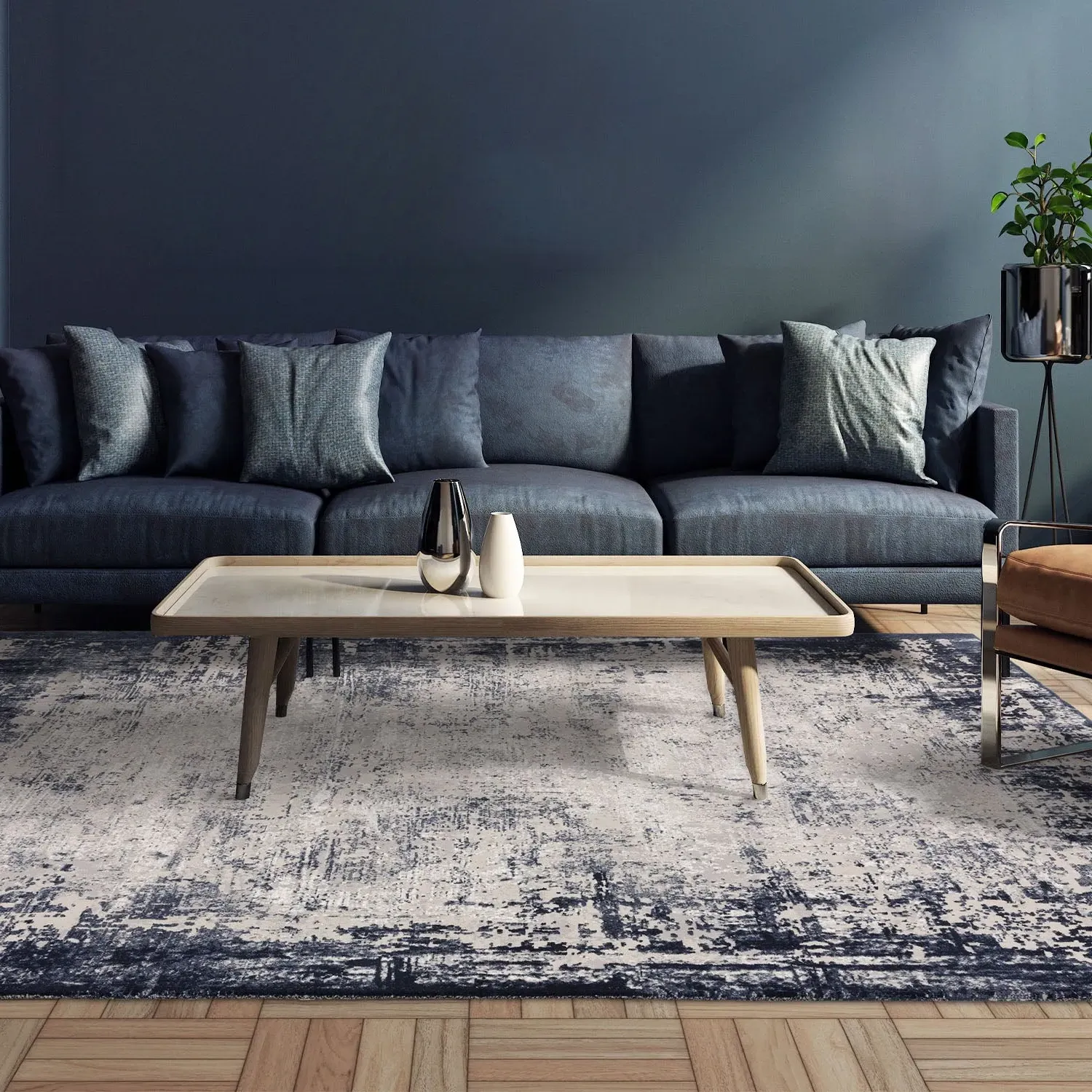 Border Rug with Multi-Dimensional Pile - Blue