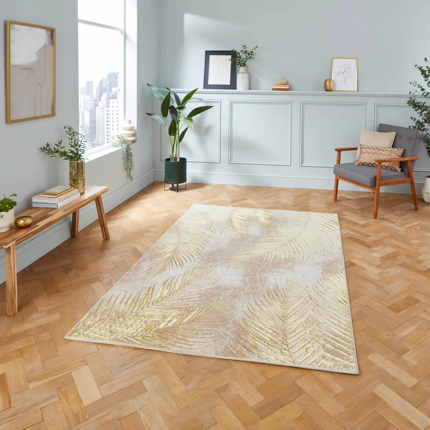 Botanical Leaf Rug with Metallic Effects - Beige