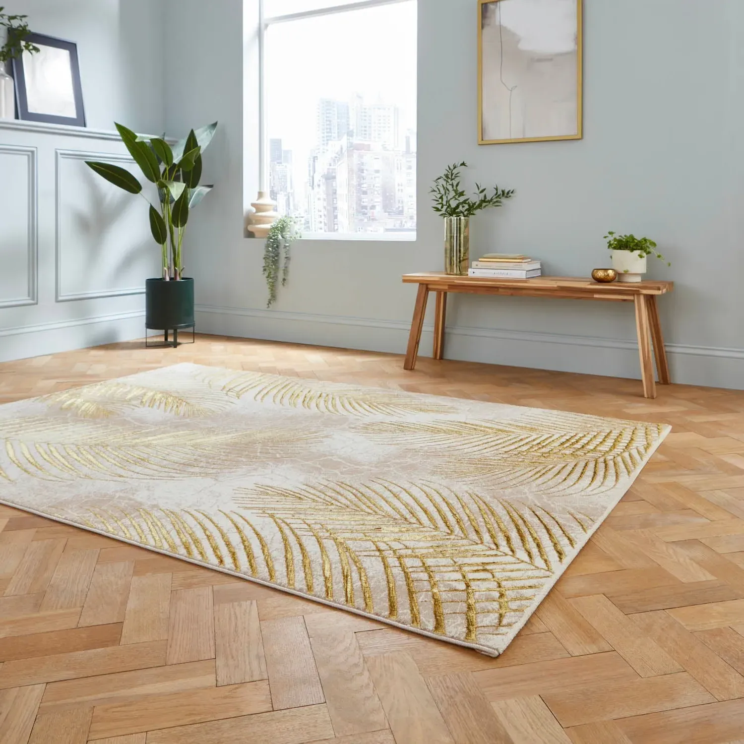 Botanical Leaf Rug with Metallic Effects - Beige