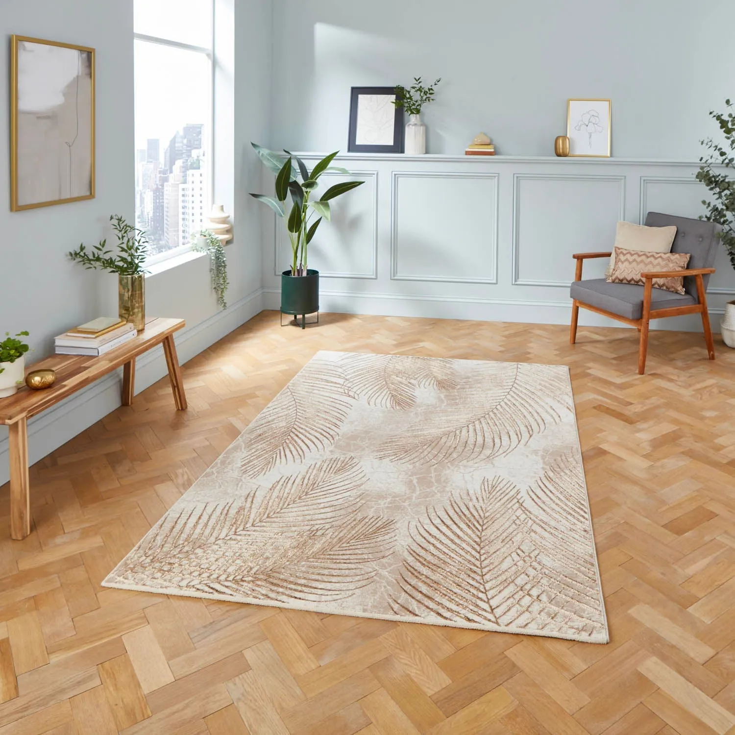 Botanical Leaf Rug with Metallic Effects - Beige