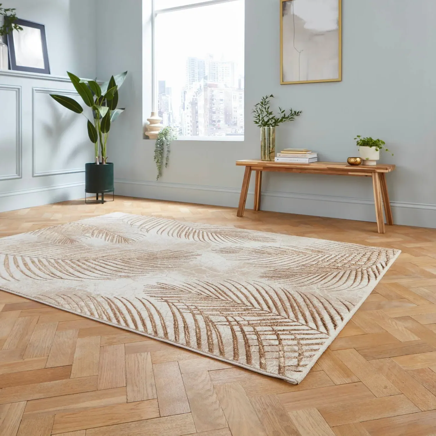 Botanical Leaf Rug with Metallic Effects - Beige
