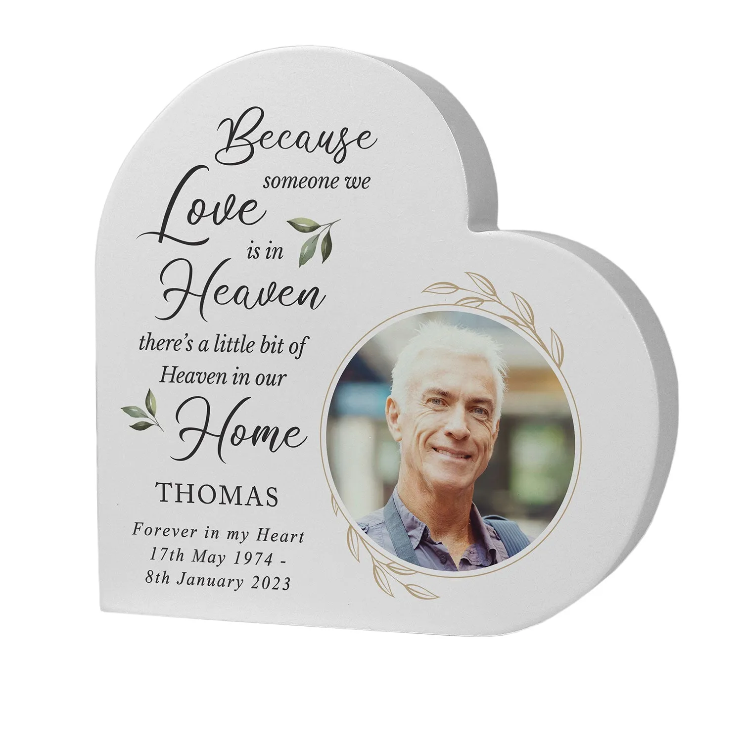 Botanical Memorial Photo Heart Ornament - Grey, Wood product