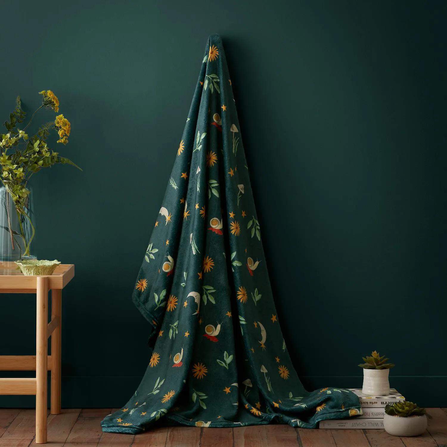 Botanical Mushrooms Fleece Throw - Green by Julian Charles
