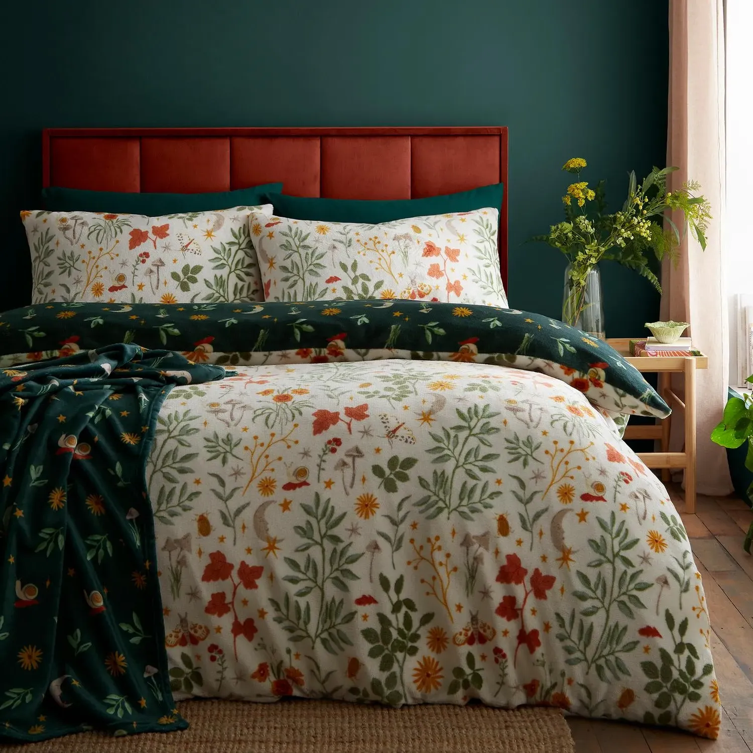 Botanical Mushrooms King Size Reversible Duvet Set - Natural, Flannel Fleece by Julian Charles
