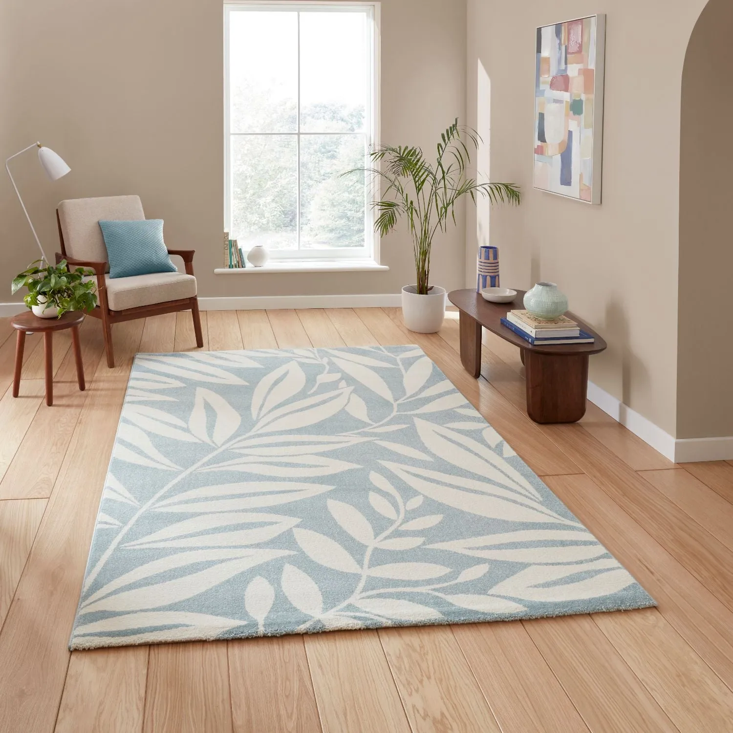 Botanical Rug with Leaf Pattern - Blue, Polypropylene