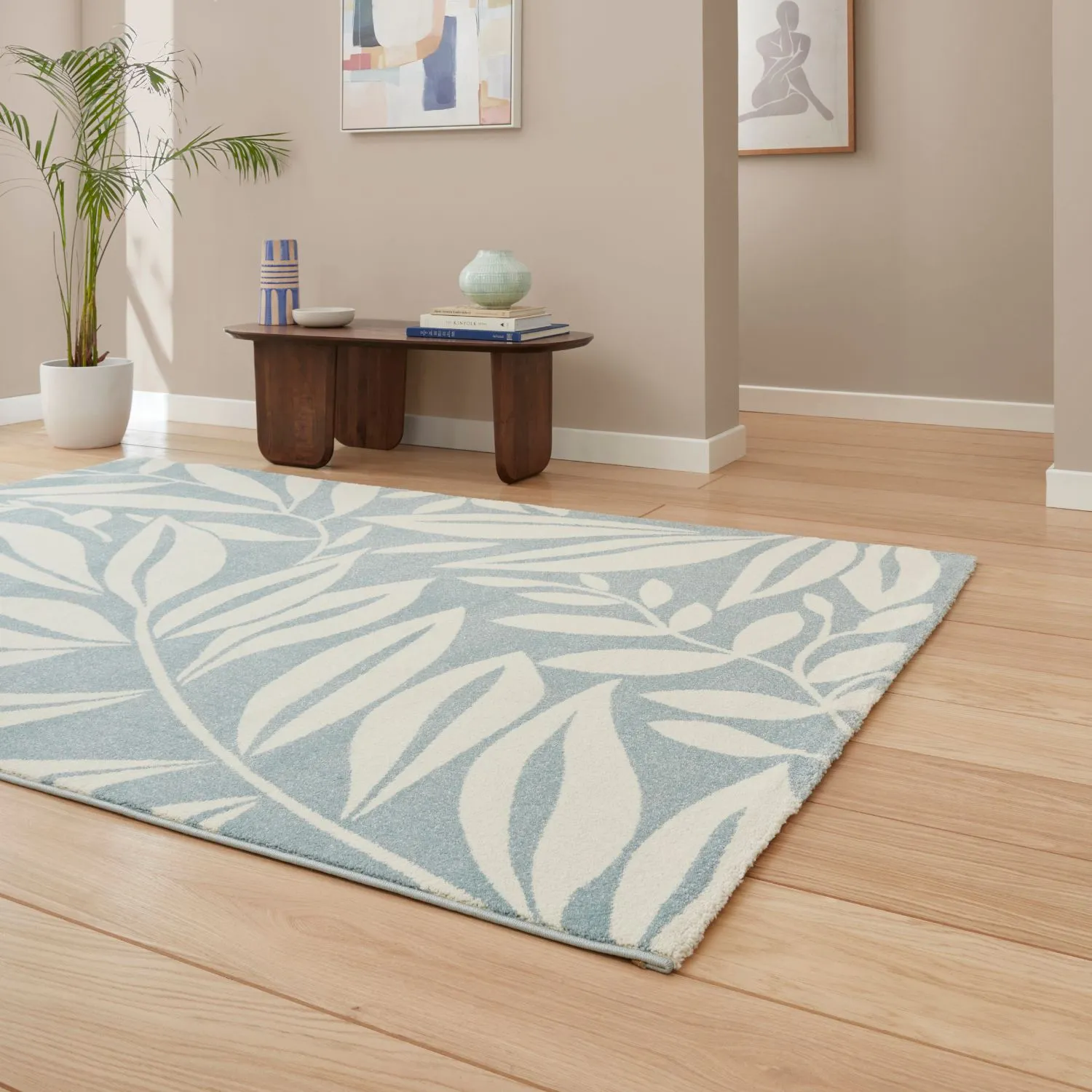 Botanical Rug with Leaf Pattern - Blue, Polypropylene