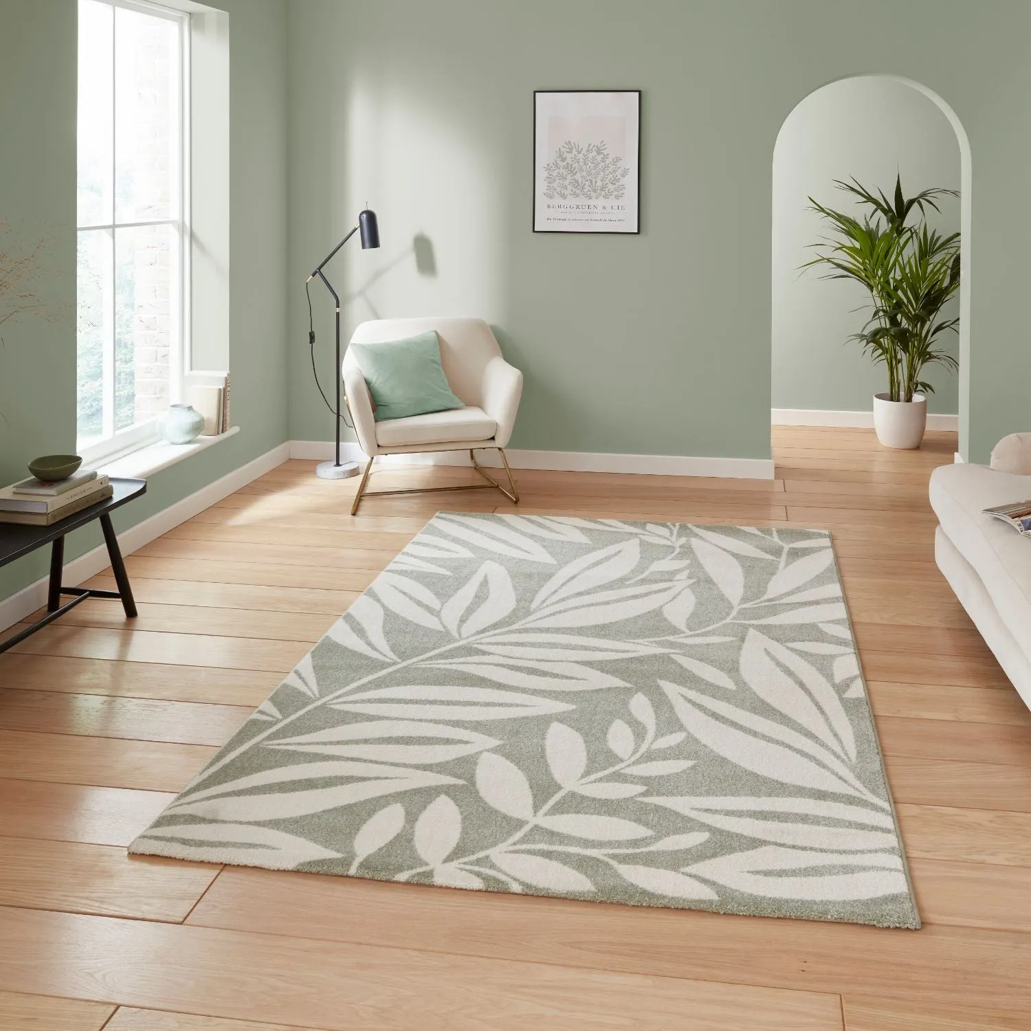 Botanical Rug with Leaf Pattern - Green, Polypropylene
