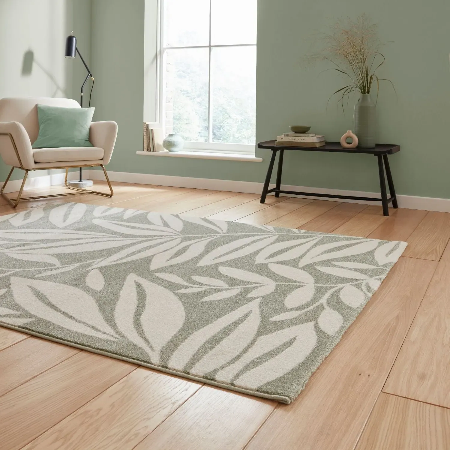 Botanical Rug with Leaf Pattern - Green, Polypropylene