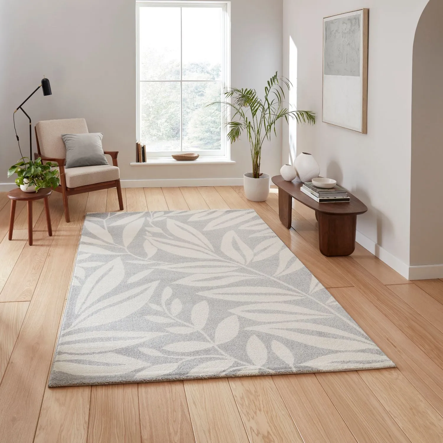 Botanical Rug with Leaf Pattern - Grey, Polypropylene