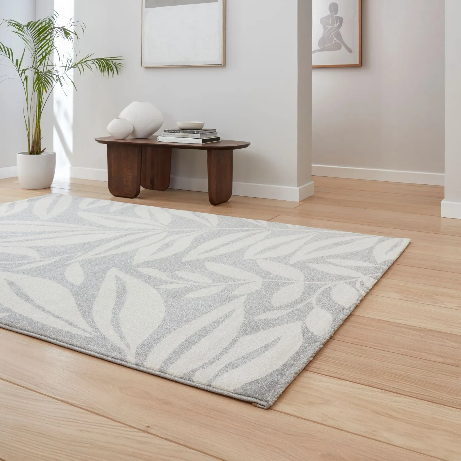 Botanical Rug with Leaf Pattern - Grey, Polypropylene