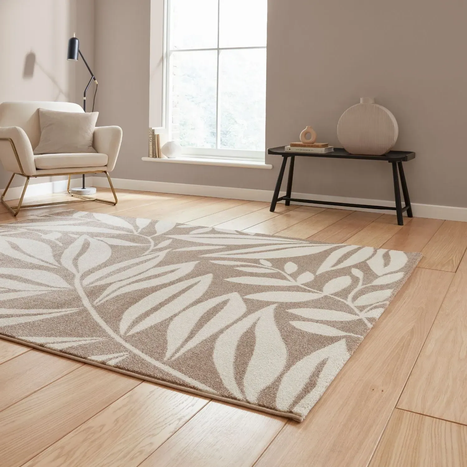 Botanical Rug with Leaf Pattern - Natural, Polypropylene