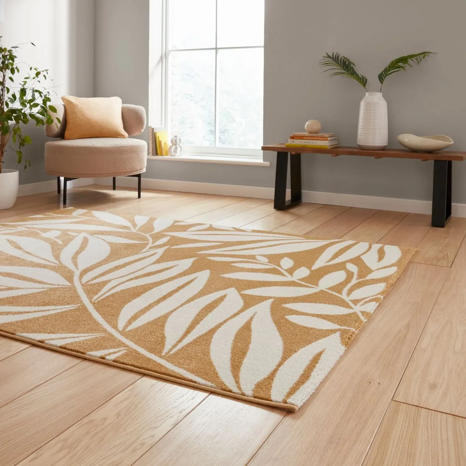 Botanical Rug with Leaf Pattern - Ochre, Polypropylene
