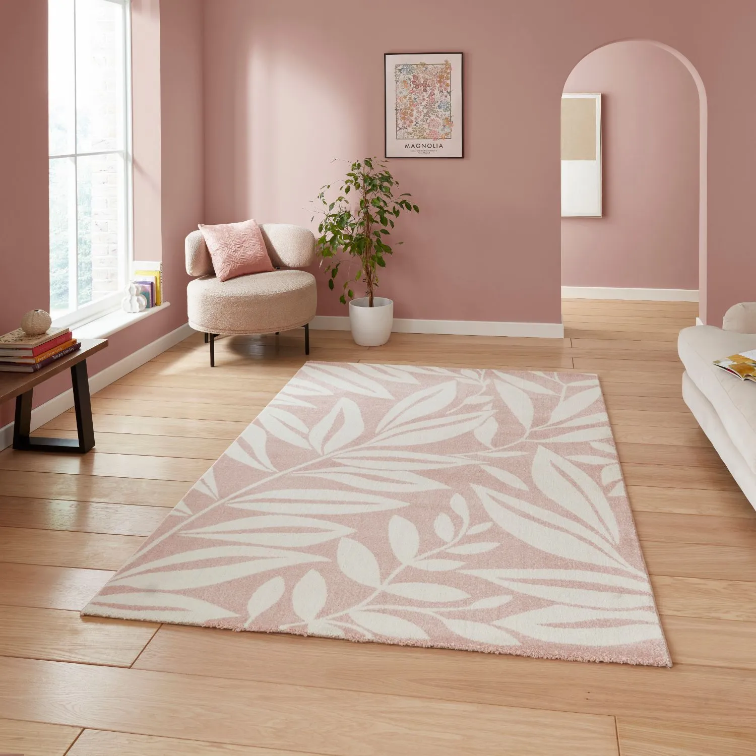 Botanical Rug with Leaf Pattern - Rose, Polypropylene