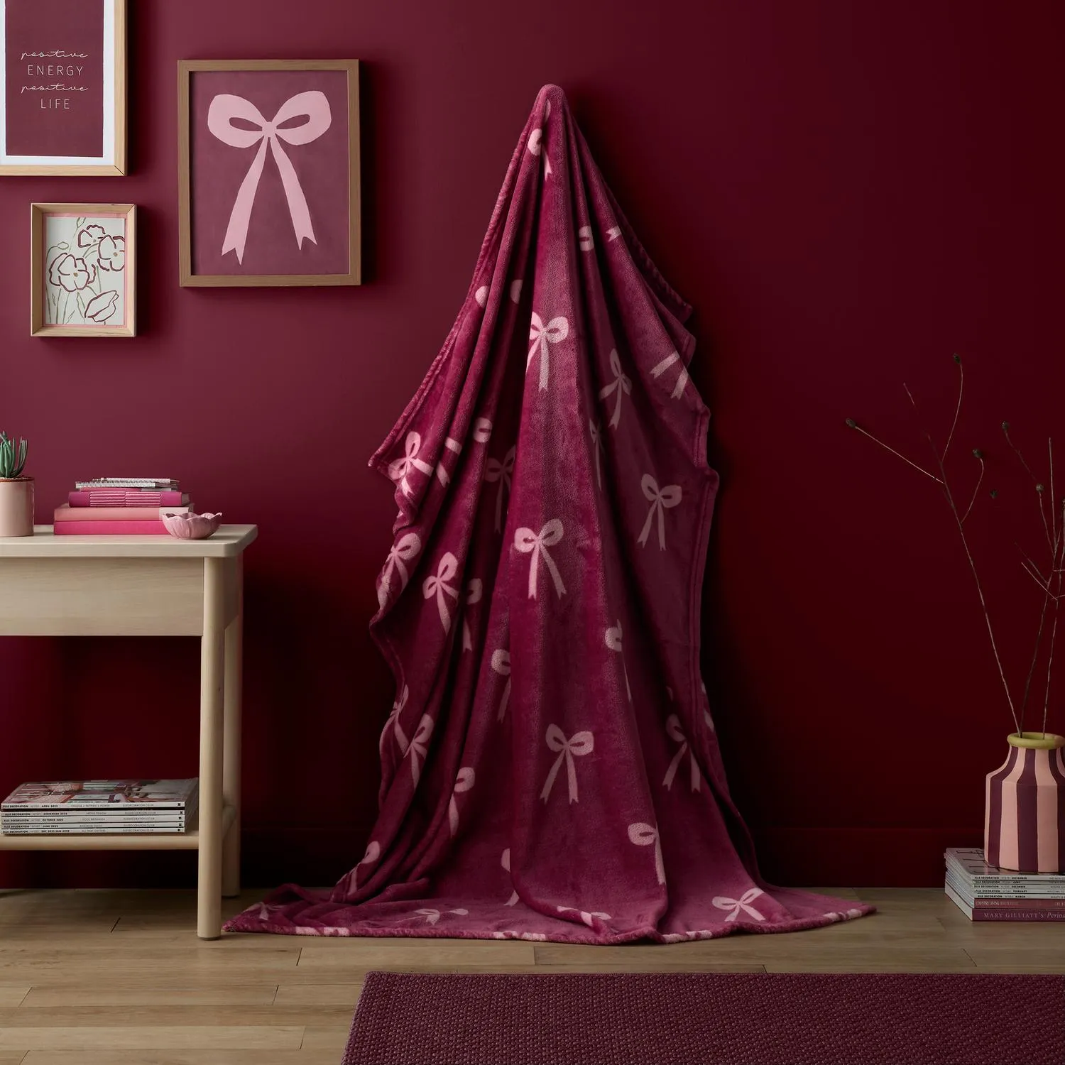 Bows Berry Fleece Throw - Pink, Polyester by Julian Charles