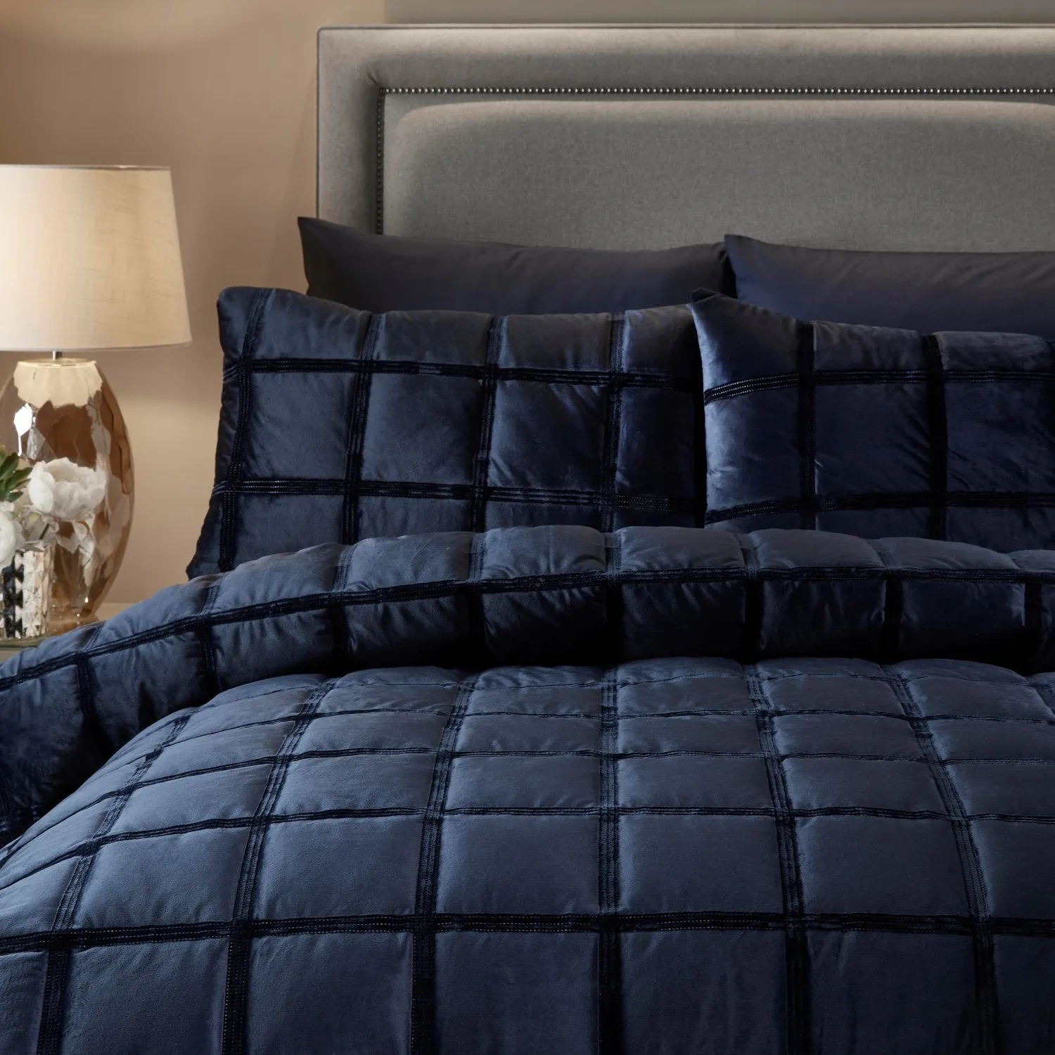 King Size Duvet Set Square Pattern - Navy, Velvet alternate view