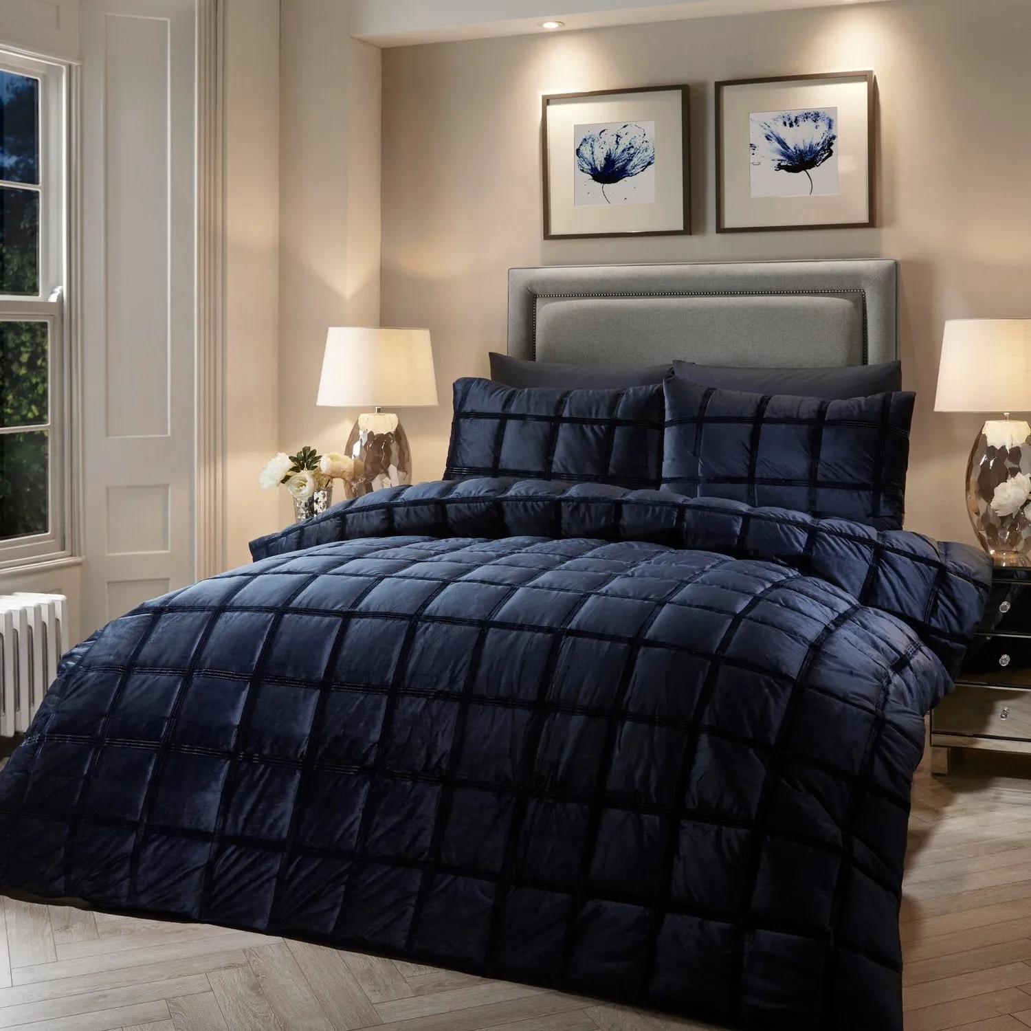 King Size Duvet Set Square Pattern - Navy, Velvet product