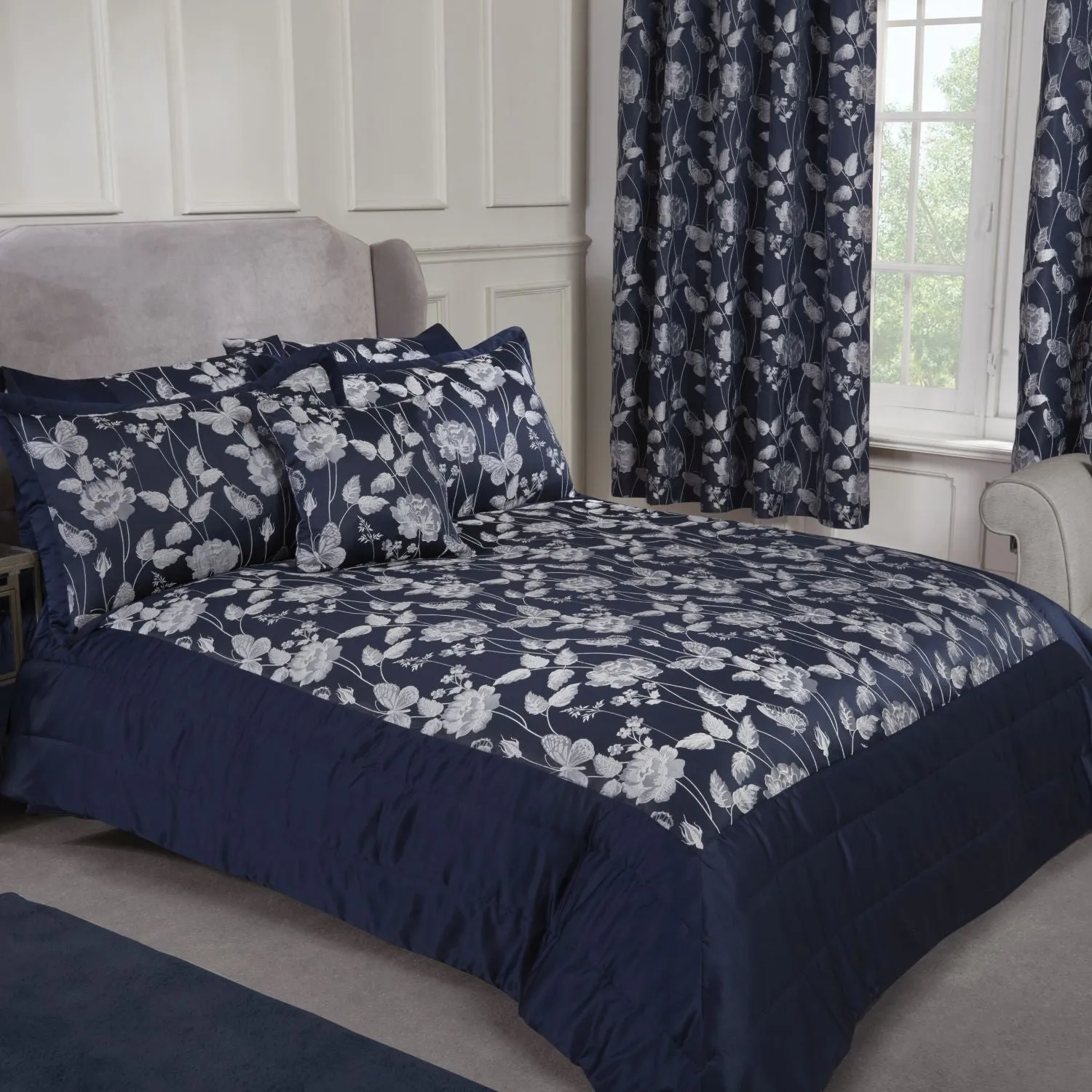 Butterfly Meadow Jacquard Quilted Bedspread Set - Navy Blue product