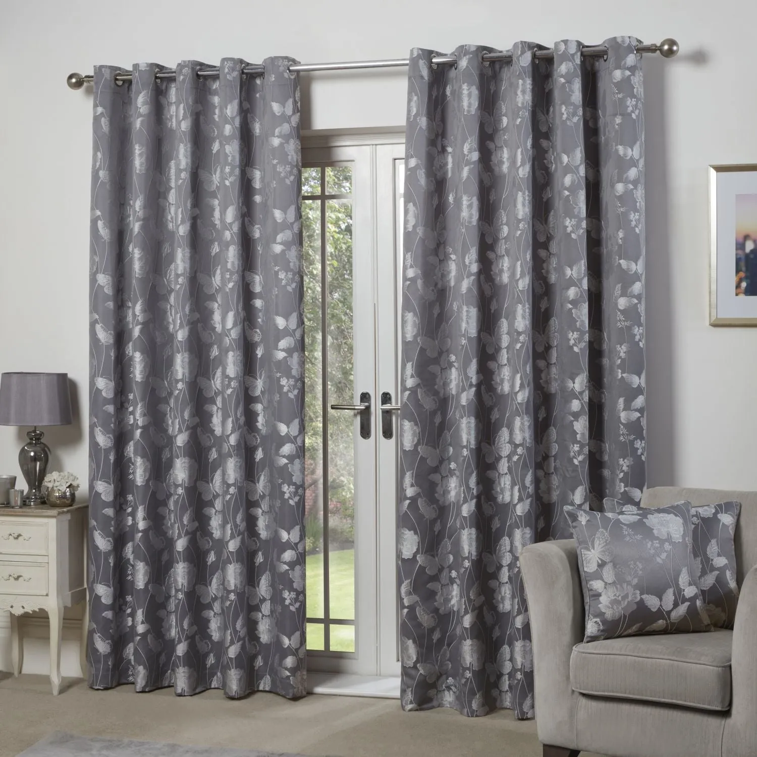 Lined Eyelet Curtains with Butterfly Design - Grey product