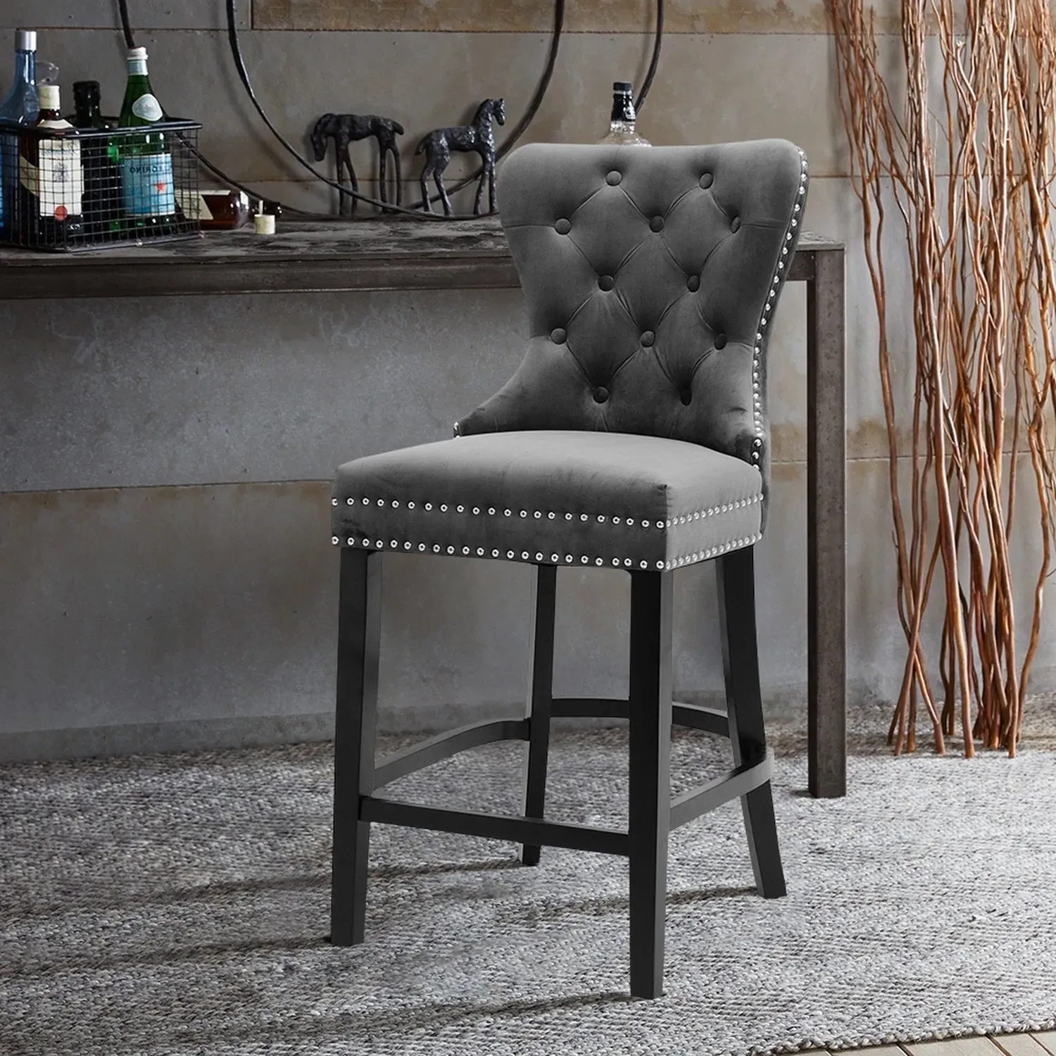 Button Tufted Bar Stool - Dark Grey, Velvet by Julian Charles, image 2