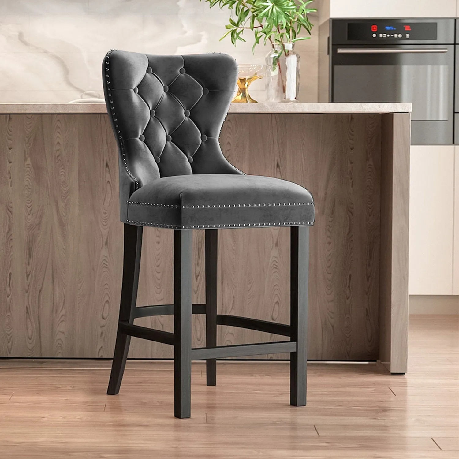 Button Tufted Bar Stool - Dark Grey, Velvet by Julian Charles