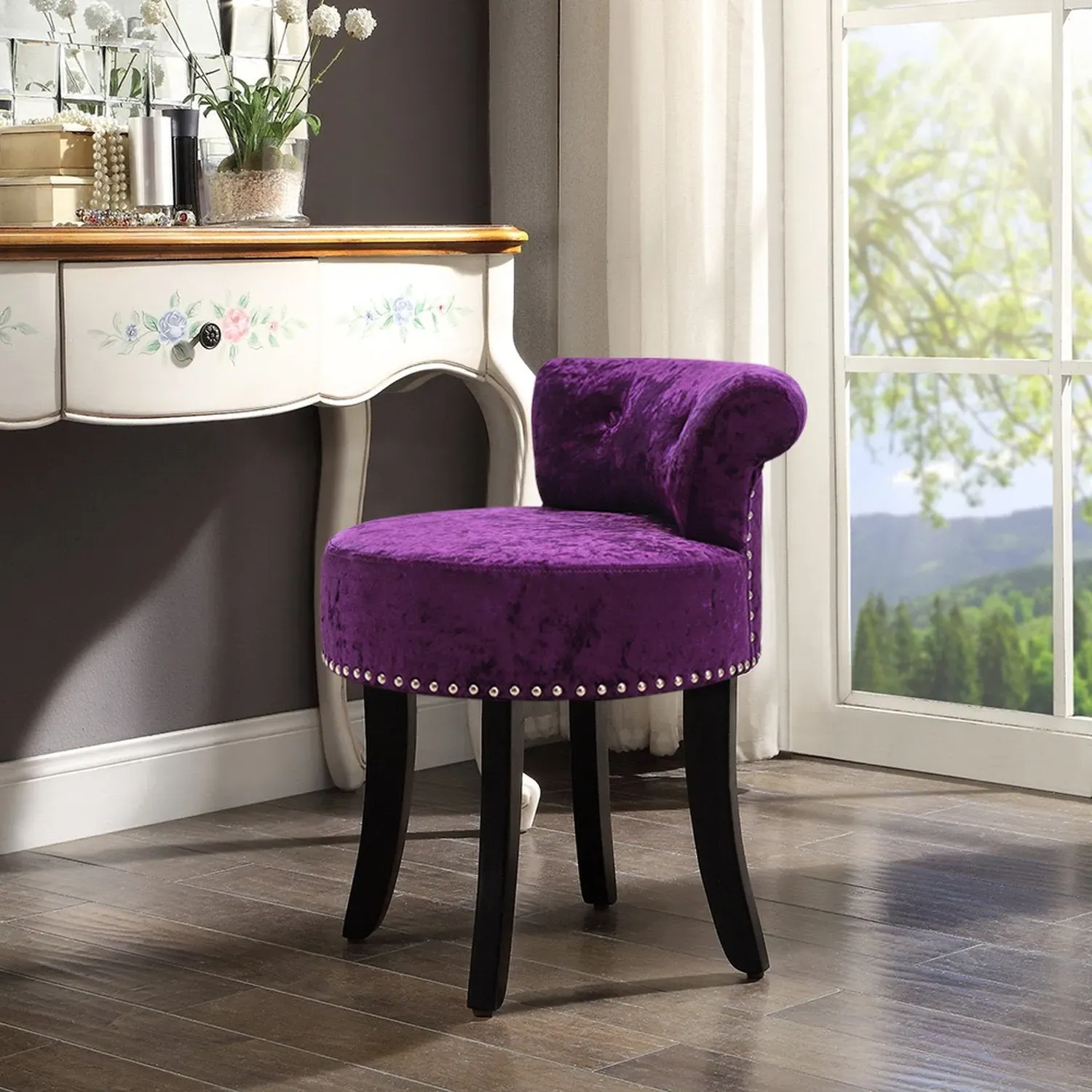 Button Tufted Vanity Stool - Dark Purple, Velvet by Julian Charles
