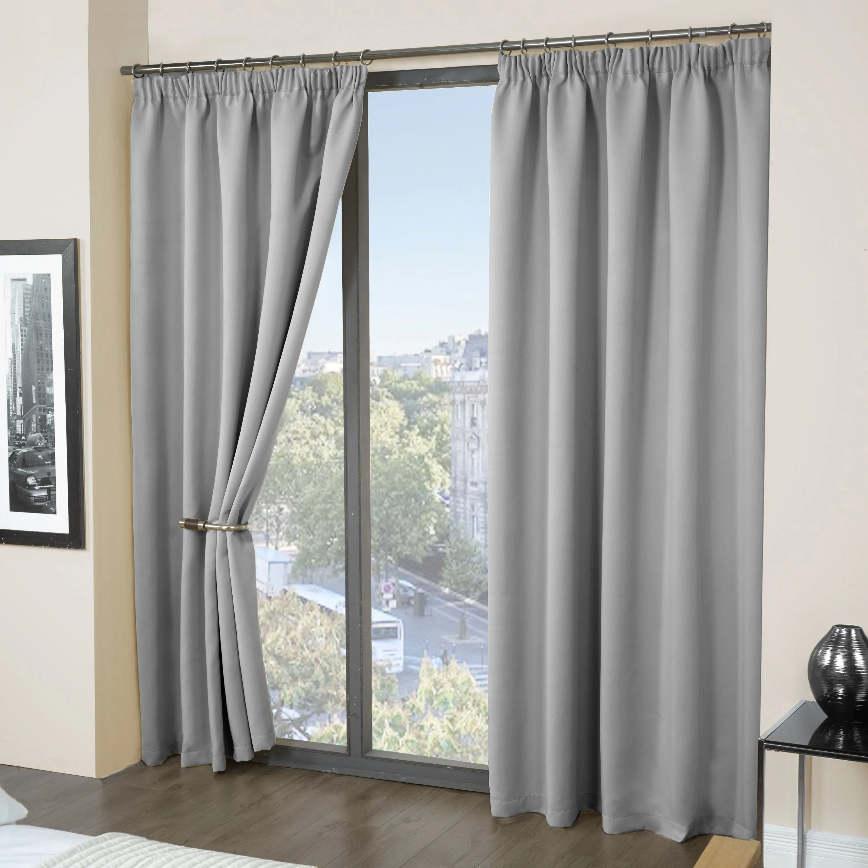 Cali Thermal Blackout Pencil Pleat Curtains - Silver, Polyester alternate view