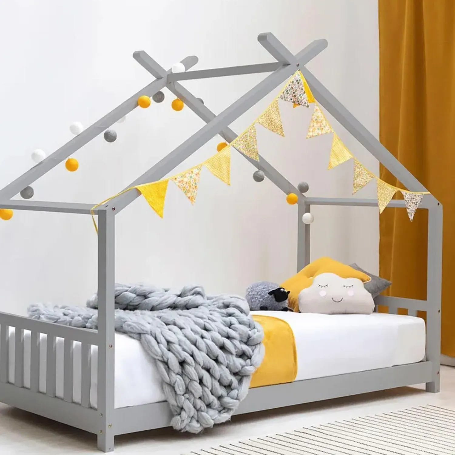 Canopy Kids Single House Bed Frame - Grey, Pine by Julian Charles