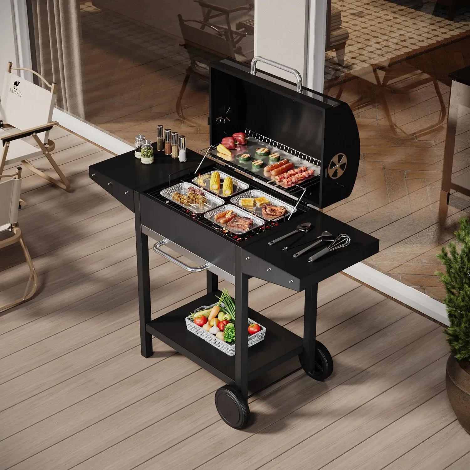 Carbon Steel Charcoal BBQ Grill with Domed Lid - Black by Julian Charles, alternate view
